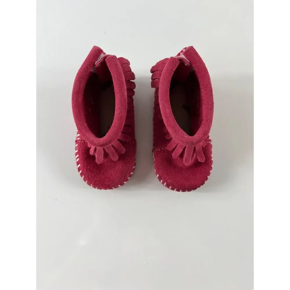 Minnetonka Infant Back Flap Suede Fringe Bootie Moccasins Baby Size 1 Red Pink